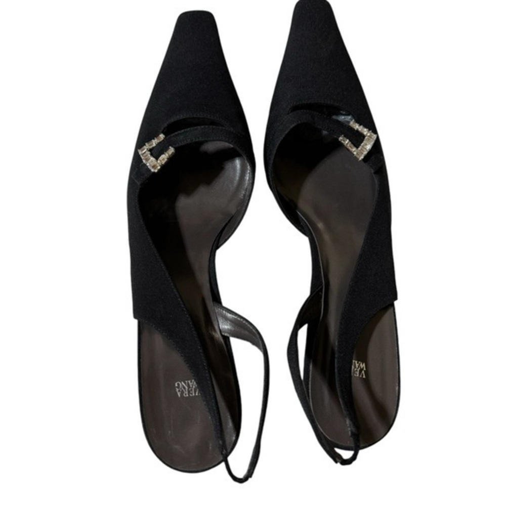 Vera Wang Black Satin Rhinestone Embellished Slingback Kitten Heels NWOB